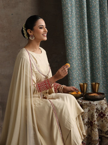 Women Geometric Embroidered Mirror Work A-Line Kurta With Sharara & Dupatta Set VitansEthnics