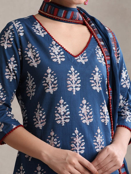 Women Floral Printed Flared Pure Cotton Kurta with Palazzos & With Dupatta Set VitansEthnics