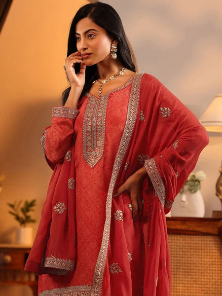 Women Orange Bandhani Printed Thread Work Kurta with Palazzos & With Dupatta VitansEthnics