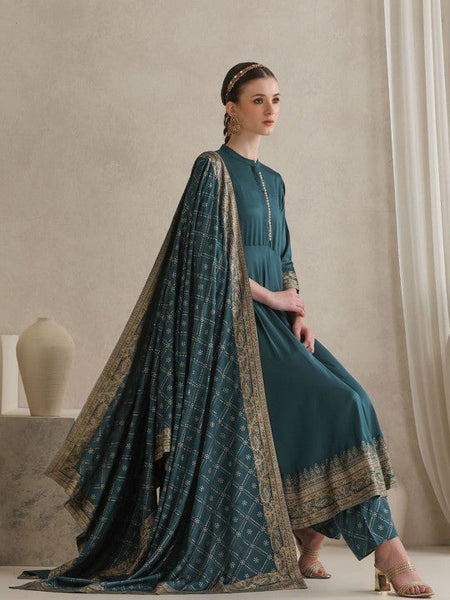 Women Ethnic Motifs Printed Mandarin Collar A-Line Kurta With Trousers And Dupatta Set VitansEthnics