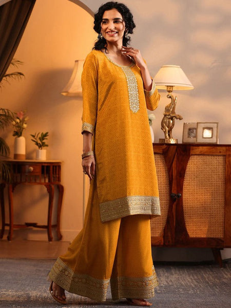 Women Yellow Bandhani Printed Thread Work Kurta with Palazzos & With Dupatta VitansEthnics