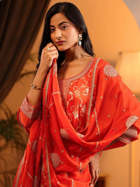 Women Floral Woven Design Round Neck Straight Kurta With Palazzo & Dupatta VitansEthnics