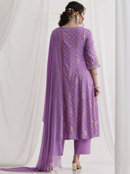Women Floral Printed Round Neck Thread Work A-Line Kurta With Trousers & Dupatta Set VitansEthnics