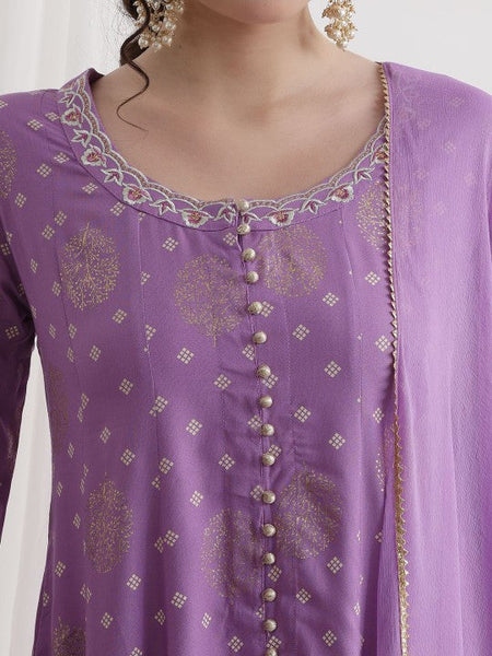 Women Floral Printed Round Neck Thread Work A-Line Kurta With Trousers & Dupatta Set VitansEthnics