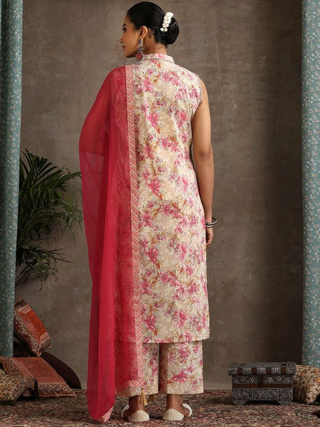 Women Floral Printed Mandarin Collar Pure Cotton Kurta with Palazzos & With Dupatta Set VitansEthnics
