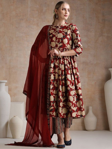 Women Floral Printed Flared Pure Cotton Kurta with Palazzos & With Dupatta Set VitansEthnics