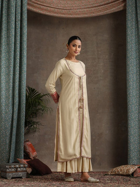 Women Geometric Embroidered Mirror Work A-Line Kurta With Sharara & Dupatta Set VitansEthnics