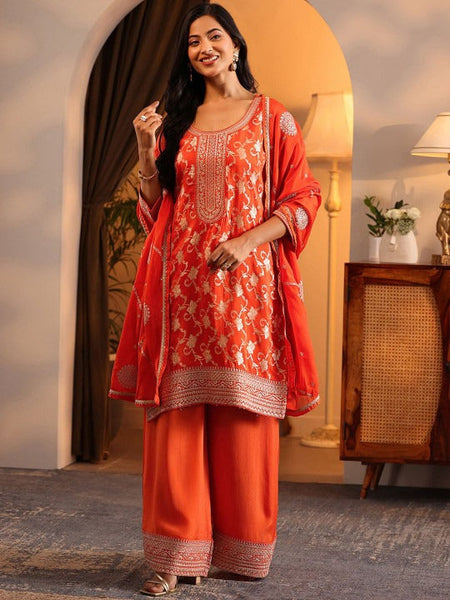Women Floral Woven Design Round Neck Straight Kurta With Palazzo & Dupatta VitansEthnics
