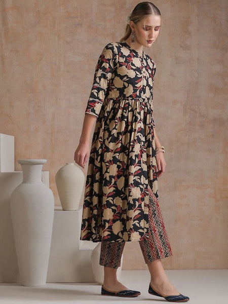 Women Floral Printed Flared Pure Cotton Kurta with Palazzos & With Dupatta Set VitansEthnics