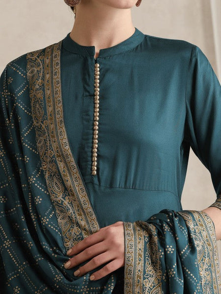 Women Ethnic Motifs Printed Mandarin Collar A-Line Kurta With Trousers And Dupatta Set VitansEthnics