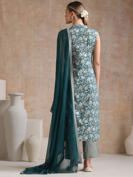 Women Ethnic Motifs Mandarin Collar Pure Cotton Kurta with Palazzos & With Dupatta Set VitansEthnics