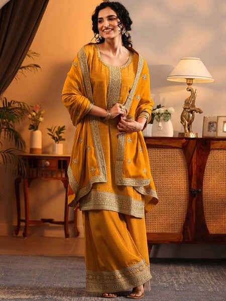 Women Yellow Bandhani Printed Thread Work Kurta with Palazzos & With Dupatta VitansEthnics