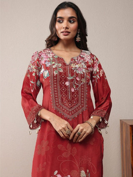 Women Floral Printed Regular Thread Work Silk Crepe Kurta with Trousers & With Dupatta VitansEthnics