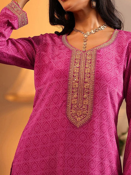 Women Bandhani Printed Thread Work Kurta with Palazzos & With Dupatta VitansEthnics