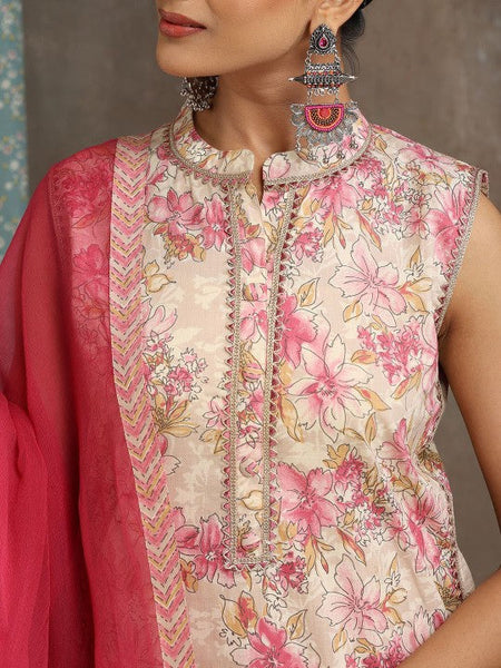 Women Floral Printed Mandarin Collar Pure Cotton Kurta with Palazzos & With Dupatta Set VitansEthnics