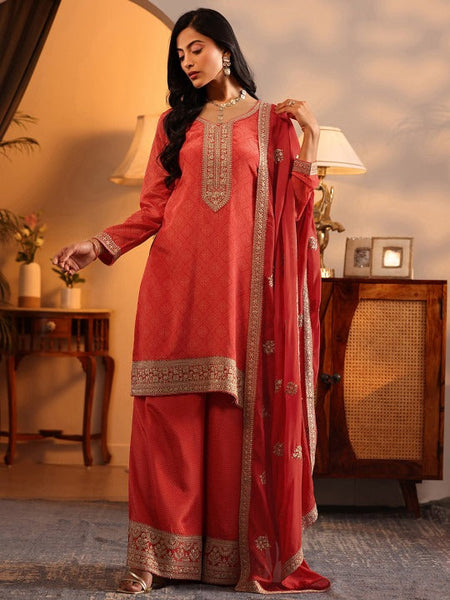 Women Orange Bandhani Printed Thread Work Kurta with Palazzos & With Dupatta VitansEthnics