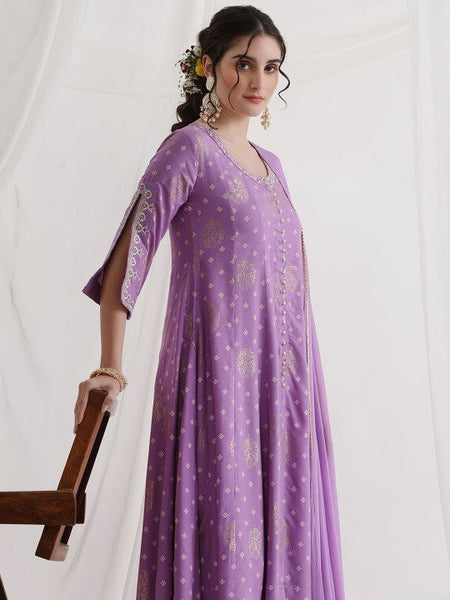 Women Floral Printed Round Neck Thread Work A-Line Kurta With Trousers & Dupatta Set VitansEthnics