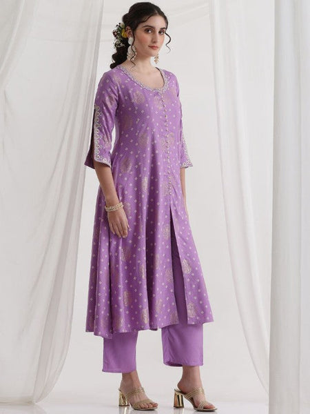 Women Floral Printed Round Neck Thread Work A-Line Kurta With Trousers & Dupatta Set VitansEthnics