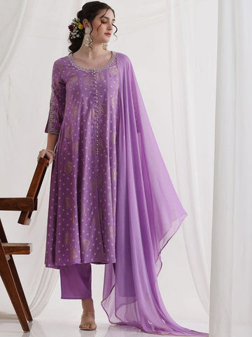 Women Floral Printed Round Neck Thread Work A-Line Kurta With Trousers & Dupatta Set VitansEthnics