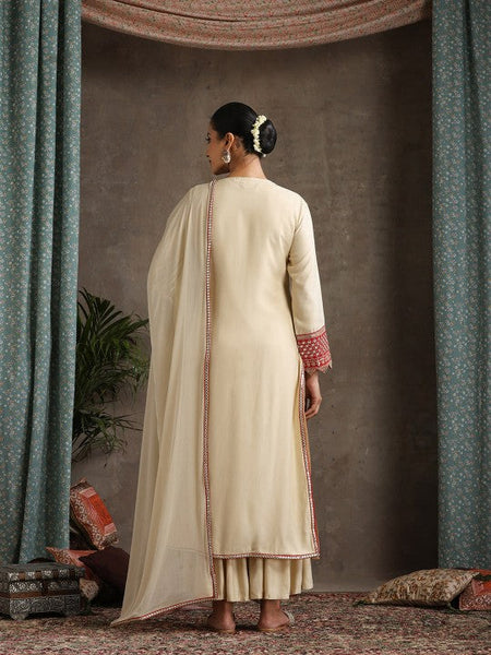 Women Geometric Embroidered Mirror Work A-Line Kurta With Sharara & Dupatta Set VitansEthnics