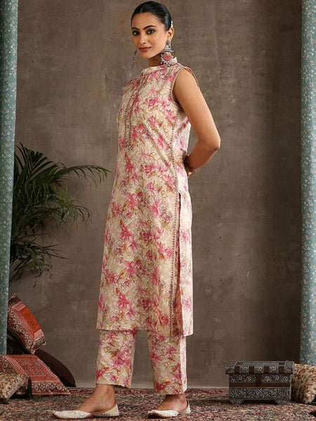 Women Floral Printed Mandarin Collar Pure Cotton Kurta with Palazzos & With Dupatta Set VitansEthnics