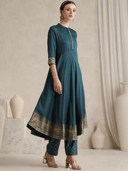 Women Ethnic Motifs Printed Mandarin Collar A-Line Kurta With Trousers And Dupatta Set VitansEthnics
