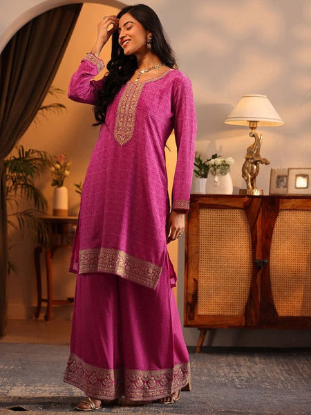 Women Bandhani Printed Thread Work Kurta with Palazzos & With Dupatta VitansEthnics