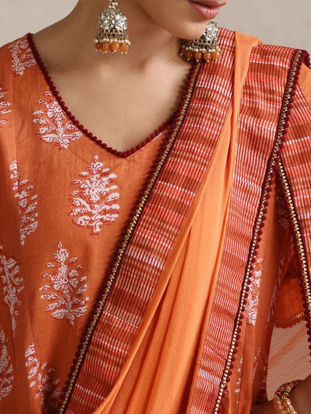 Women Floral Printed V Neck Pure Cotton A-Line Kurta With Palazzos & Dupatta Set VitansEthnics