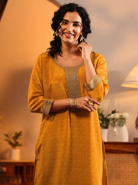 Women Yellow Bandhani Printed Thread Work Kurta with Palazzos & With Dupatta VitansEthnics