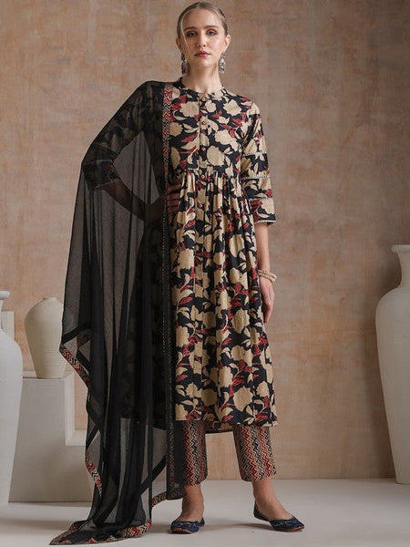 Women Floral Printed Flared Pure Cotton Kurta with Palazzos & With Dupatta Set VitansEthnics