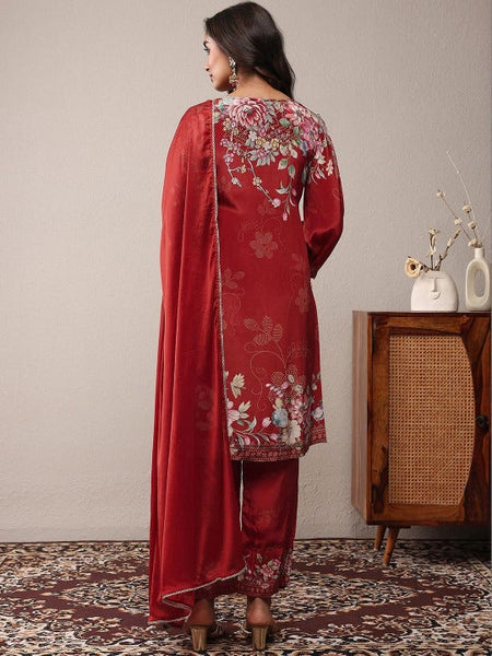 Women Floral Printed Regular Thread Work Silk Crepe Kurta with Trousers & With Dupatta VitansEthnics