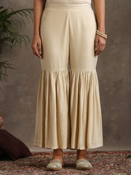 Women Geometric Embroidered Mirror Work A-Line Kurta With Sharara & Dupatta Set VitansEthnics