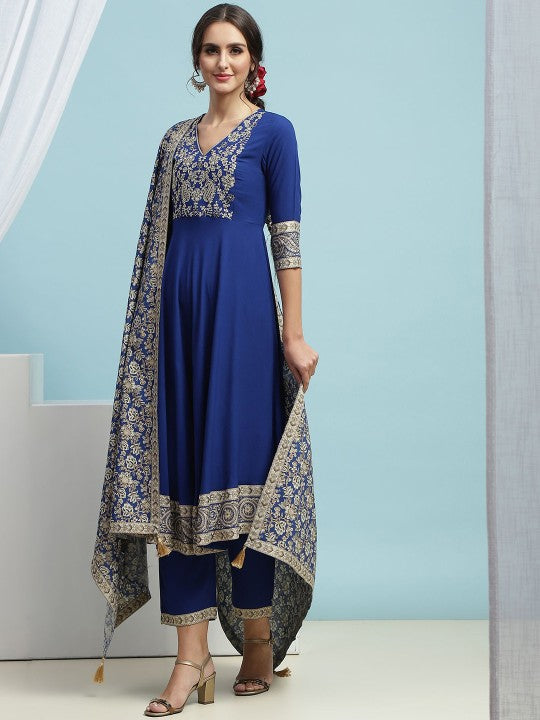 Women Floral Embroidered Sequinned V-Neck A-Line Kurta With Palazzos & Dupatta VitansEthnics