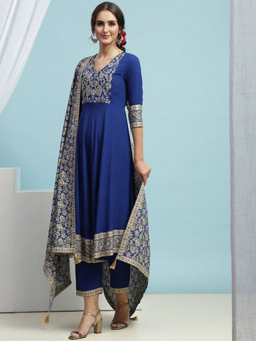 Women Floral Embroidered Sequinned V-Neck A-Line Kurta With Palazzos & Dupatta VitansEthnics