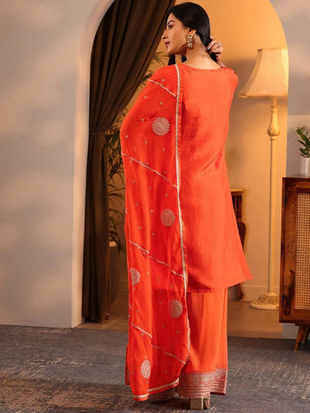 Women Floral Woven Design Round Neck Straight Kurta With Palazzo & Dupatta VitansEthnics
