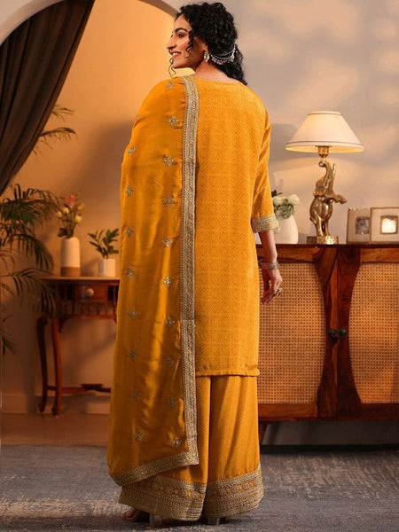 Women Yellow Bandhani Printed Thread Work Kurta with Palazzos & With Dupatta VitansEthnics
