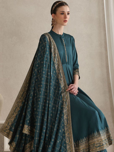 Women Ethnic Motifs Printed Mandarin Collar A-Line Kurta With Trousers And Dupatta Set VitansEthnics
