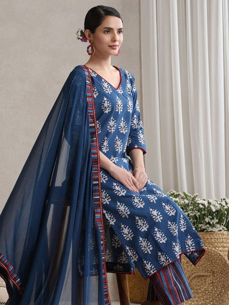 Women Floral Printed Flared Pure Cotton Kurta with Palazzos & With Dupatta Set VitansEthnics