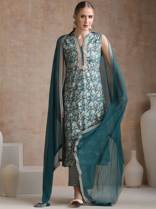 Women Ethnic Motifs Mandarin Collar Pure Cotton Kurta with Palazzos & With Dupatta Set VitansEthnics