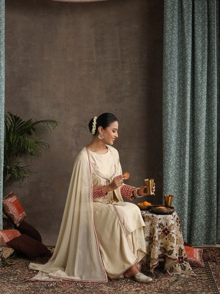 Women Geometric Embroidered Mirror Work A-Line Kurta With Sharara & Dupatta Set VitansEthnics