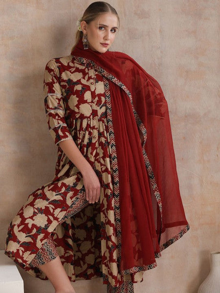 Women Floral Printed Flared Pure Cotton Kurta with Palazzos & With Dupatta Set VitansEthnics