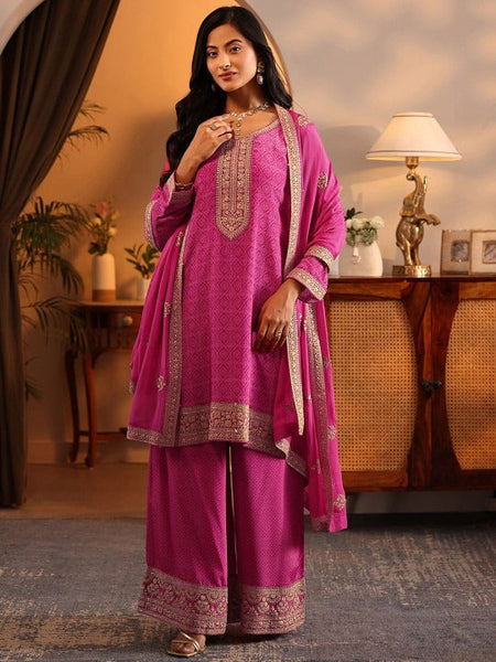 Women Bandhani Printed Thread Work Kurta with Palazzos & With Dupatta VitansEthnics