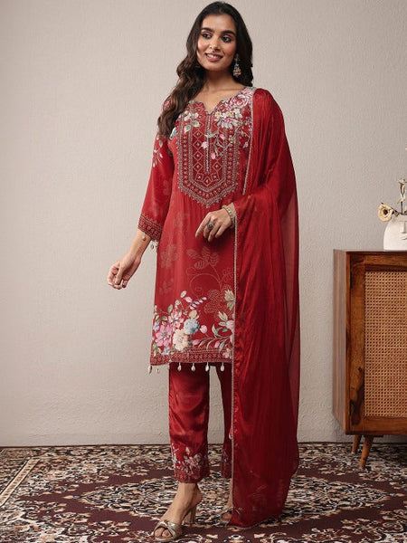 Women Floral Printed Regular Thread Work Silk Crepe Kurta with Trousers & With Dupatta VitansEthnics