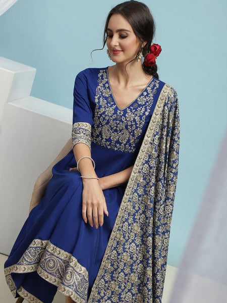 Women Floral Embroidered Sequinned V-Neck A-Line Kurta With Palazzos & Dupatta VitansEthnics