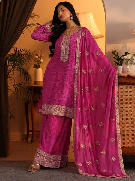 Women Bandhani Printed Thread Work Kurta with Palazzos & With Dupatta VitansEthnics