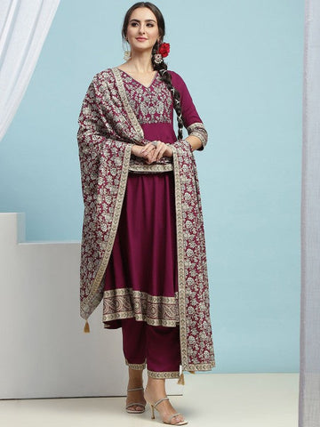 Women Floral Embroidered Regular Anarkali Kurta with Palazzos & Dupatta Set VitansEthnics