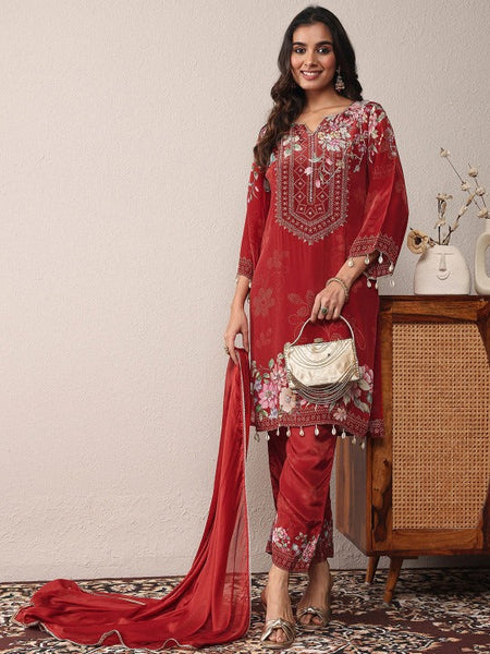 Women Floral Printed Regular Thread Work Silk Crepe Kurta with Trousers & With Dupatta VitansEthnics