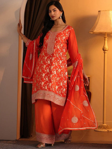 Women Floral Woven Design Round Neck Straight Kurta With Palazzo & Dupatta VitansEthnics