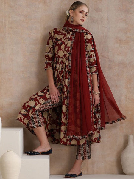 Women Floral Printed Flared Pure Cotton Kurta with Palazzos & With Dupatta Set VitansEthnics