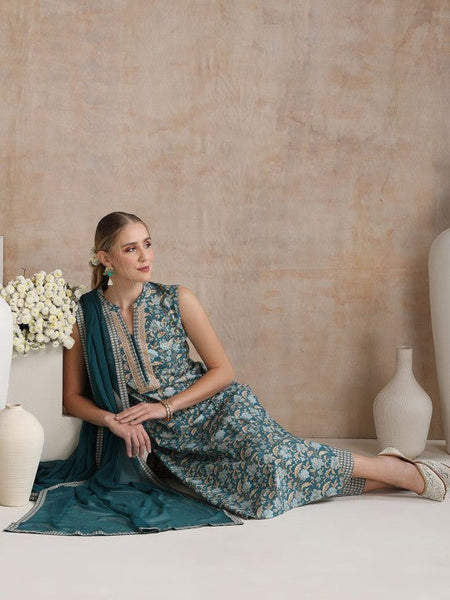 Women Ethnic Motifs Mandarin Collar Pure Cotton Kurta with Palazzos & With Dupatta Set VitansEthnics
